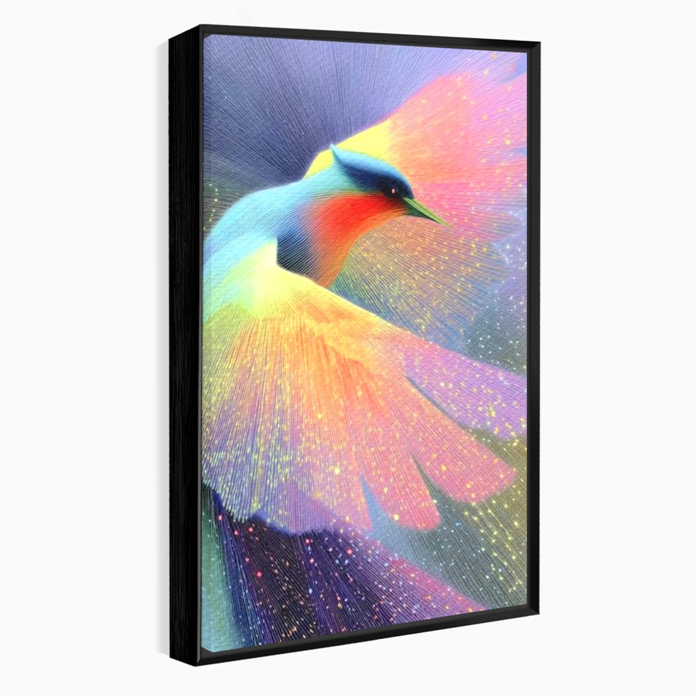 Tablou canvas cu tablou canvas cu pasare colorata in zbor, in rama de aluminiu negru